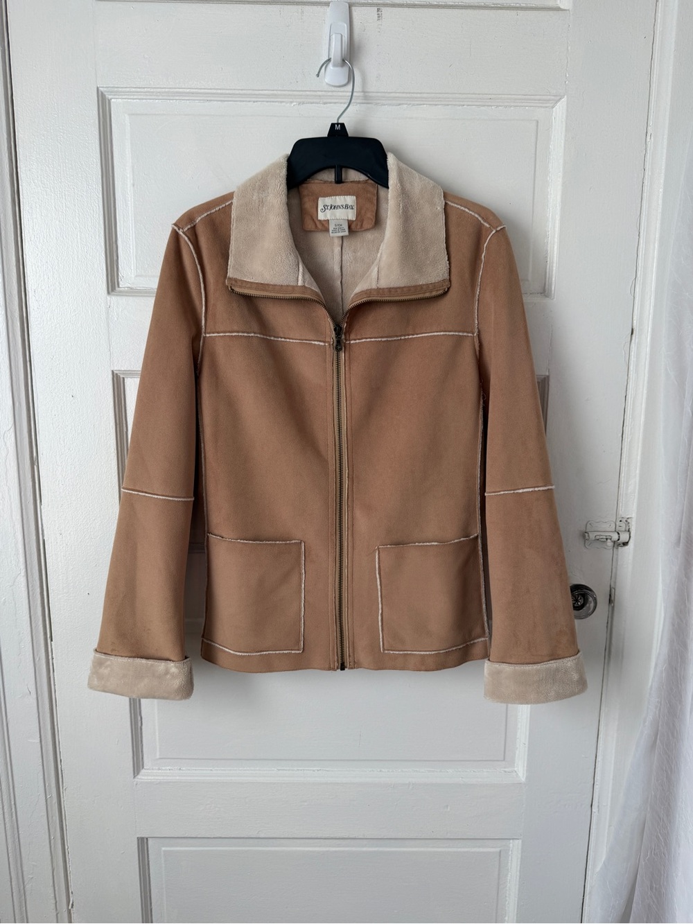 St. John’s Bay Faux Suede Shearling Jacket S Tan Western Boho Zip Up Penny Lane
